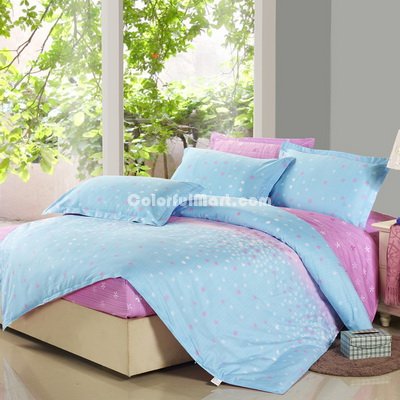 Colorful Flowers Blue 100% Cotton 4 Pieces Bedding Set Duvet Cover Pillow Shams Fitted Sheet