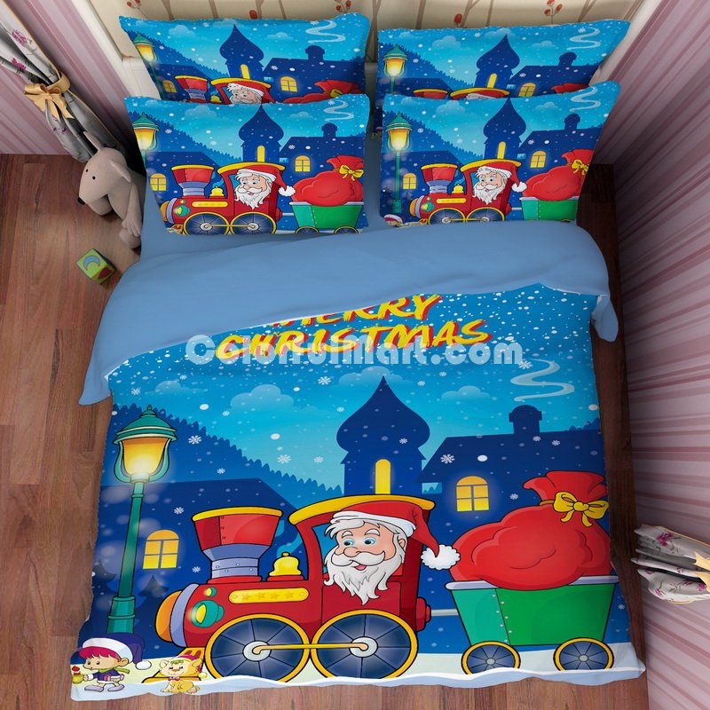 Christmas Small Train Blue Bedding Duvet Cover Set Duvet Cover Pillow Sham Kids Bedding Gift Idea - Click Image to Close