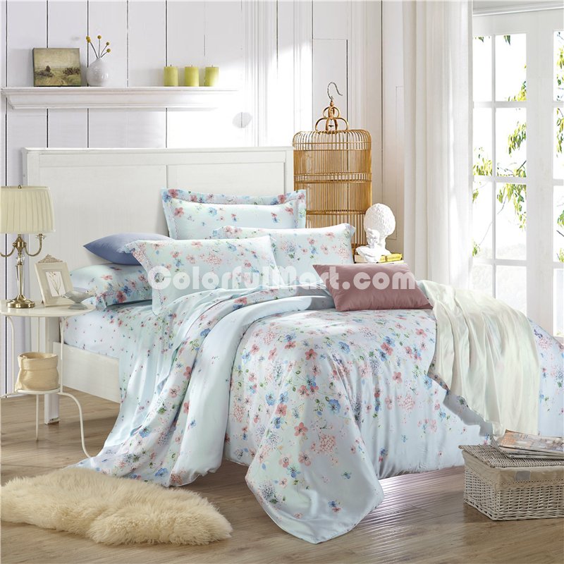 Dream Roy Blue Bedding Set Girls Bedding Floral Bedding Duvet Cover Pillow Sham Flat Sheet Gift Idea - Click Image to Close