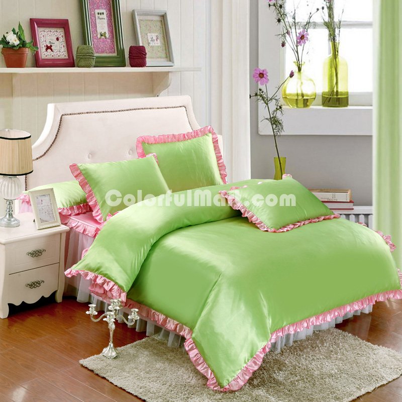 Green And Pink Silk Duvet Cover Set Teen Girl Bedding Princess Bedding Set Silk Bed Sheet Gift Idea - Click Image to Close