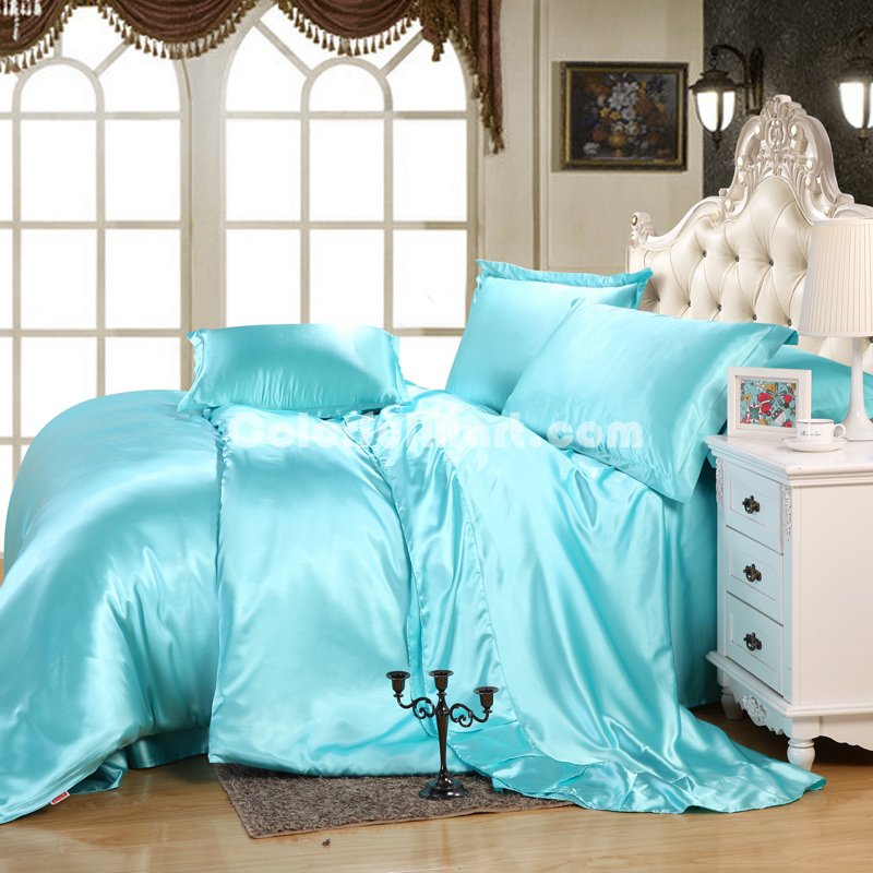 Water Blue Silk Bedding Set Duvet Cover Silk Pillowcase Silk Sheet Luxury Bedding - Click Image to Close