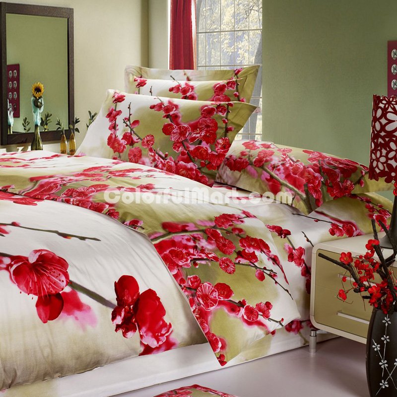 Peach Blossoms Green Bedding Sets Duvet Cover Sets Teen Bedding Dorm Bedding 3D Bedding Floral Bedding Gift Ideas - Click Image to Close