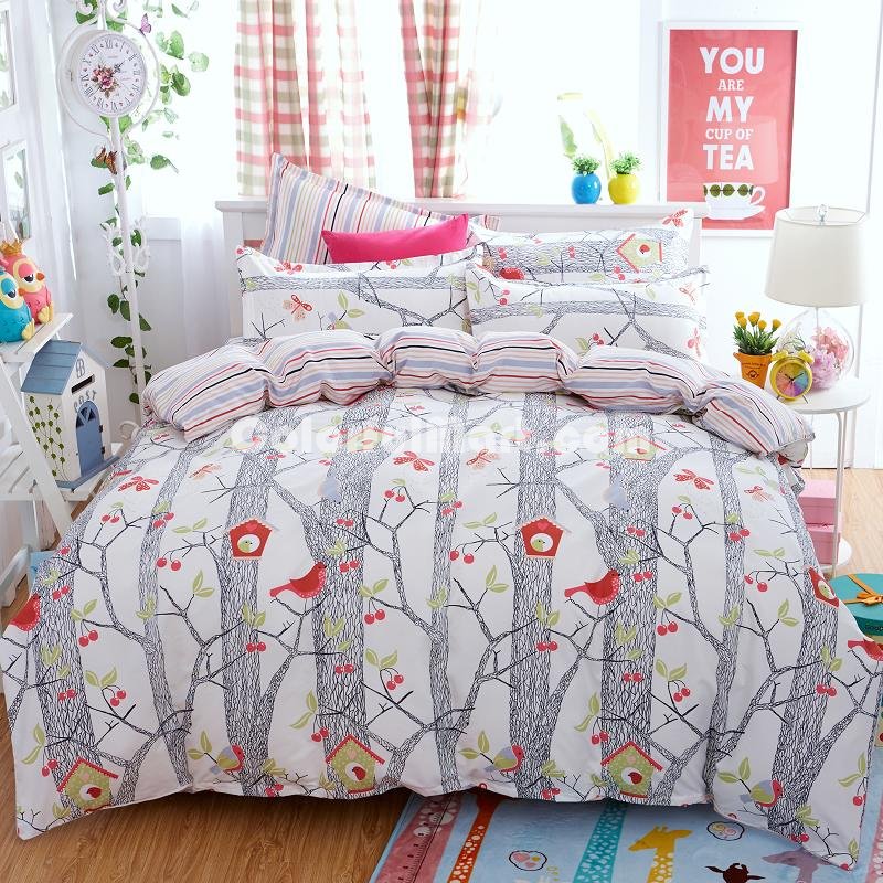 Singing Bird Grey Bedding Set Duvet Cover Pillow Sham Flat Sheet Teen Kids Boys Girls Bedding - Click Image to Close