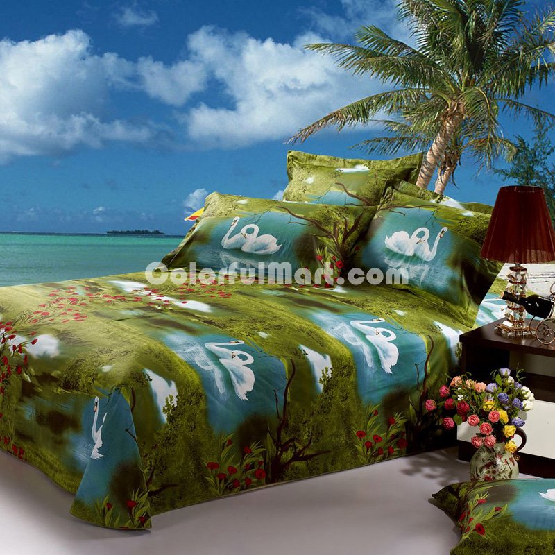 Swan Lake Green Bedding Sets Duvet Cover Sets Teen Bedding Dorm Bedding 3D Bedding Landscape Bedding Gift Ideas - Click Image to Close