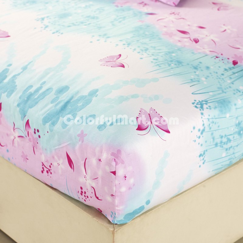 Love In Summer Blue 100% Cotton 4 Pieces Bedding Set Duvet Cover Pillow Shams Fitted Sheet - Click Image to Close