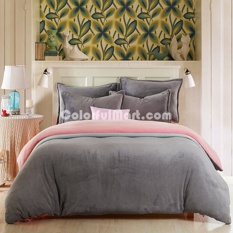 Silver Gray And Pink Flannel Bedding Winter Bedding - Click Image to Close