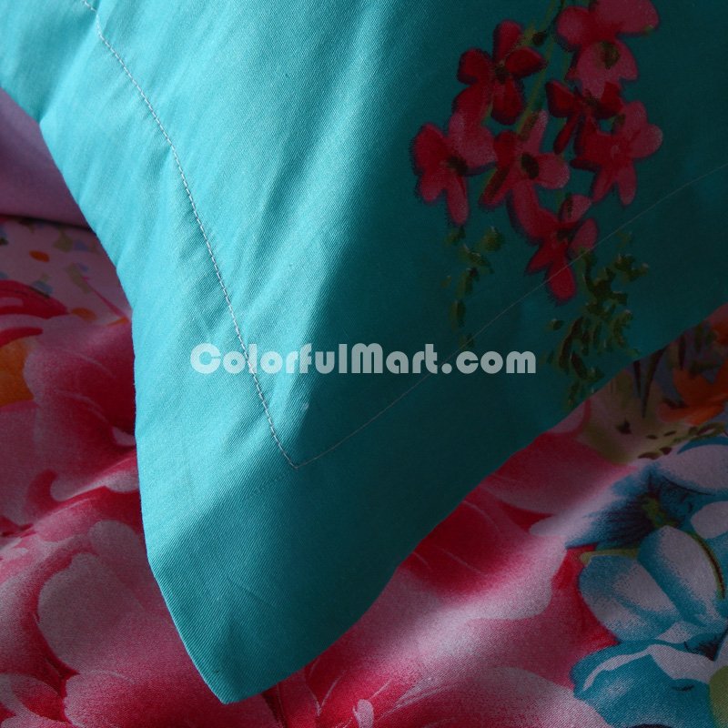 Beautiful Flowers Blue 100% Cotton 4 Pieces Bedding Set Duvet Cover Pillow Shams Fitted Sheet - Click Image to Close