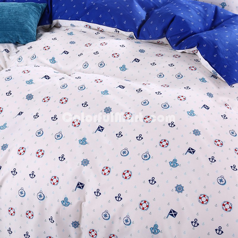 Navy White Bedding Set Duvet Cover Pillow Sham Flat Sheet Teen Kids Boys Girls Bedding - Click Image to Close