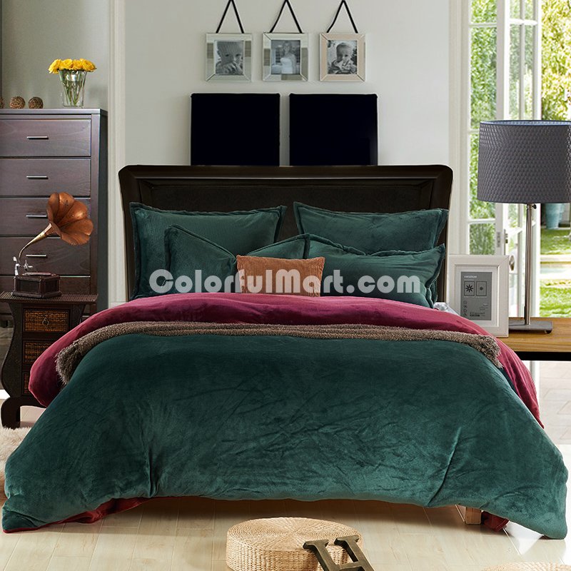 Dark Green And Wine Red Flannel Bedding Winter Bedding - Click Image to Close