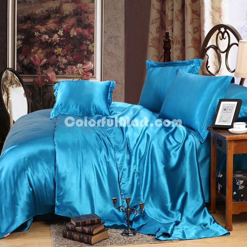 Lake Blue Silk Bedding Set Duvet Cover Silk Pillowcase Silk Sheet Luxury Bedding - Click Image to Close