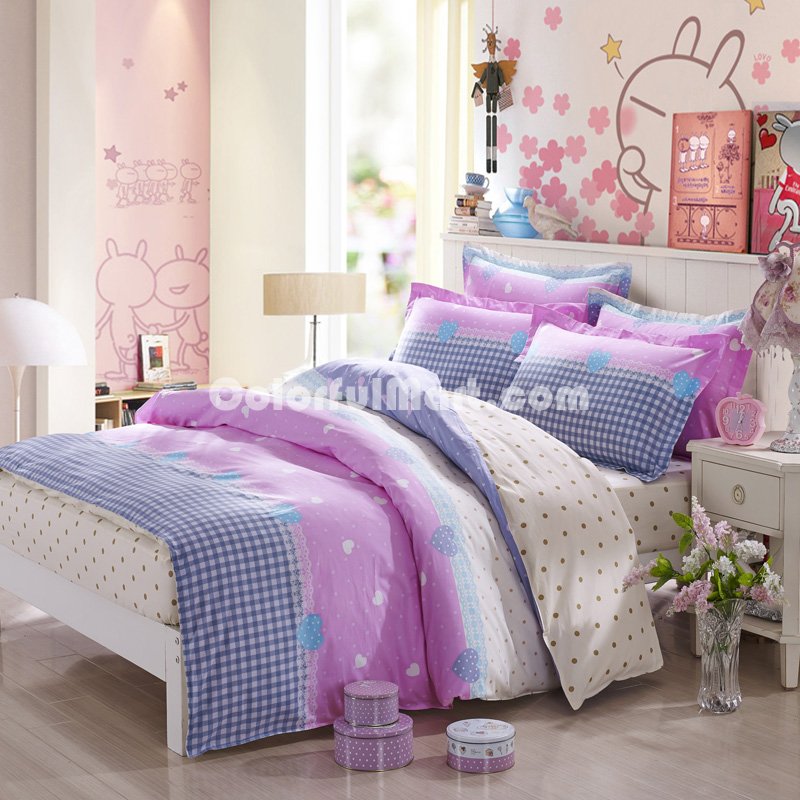 Girls Heart Pink 100% Cotton 4 Pieces Bedding Set Duvet Cover Pillow Shams Fitted Sheet - Click Image to Close