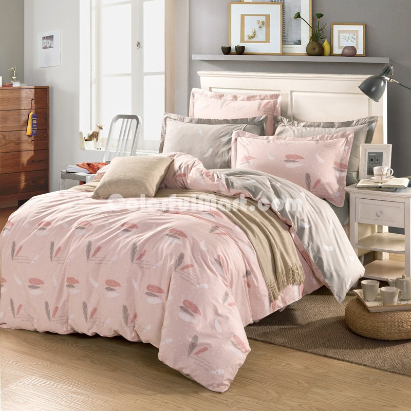 Feather Pink 100% Cotton Luxury Bedding Set Kids Bedding Duvet Cover Pillowcases Fitted Sheet - Click Image to Close