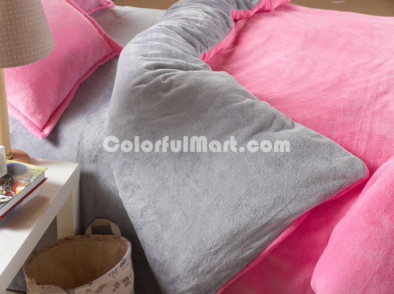 Pink And Silver Gray Coral Fleece Bedding Teen Bedding - Click Image to Close