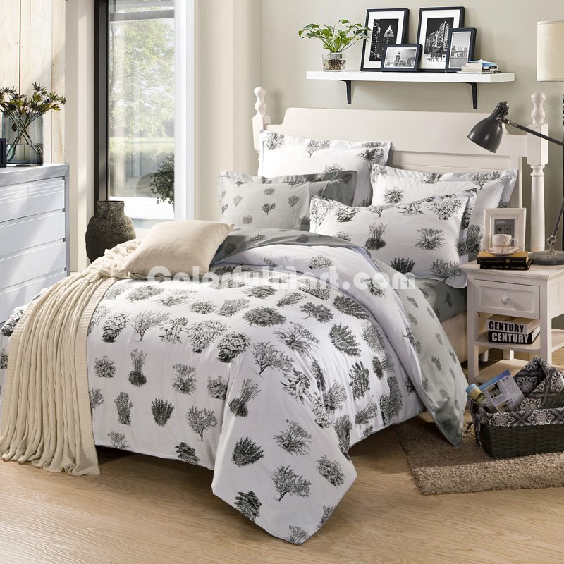 Plants Grey 100% Cotton Luxury Bedding Set Kids Bedding Duvet Cover Pillowcases Fitted Sheet - Click Image to Close
