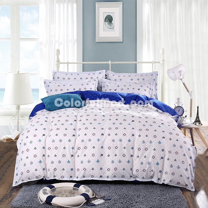 Navy White Bedding Set Duvet Cover Pillow Sham Flat Sheet Teen Kids Boys Girls Bedding - Click Image to Close