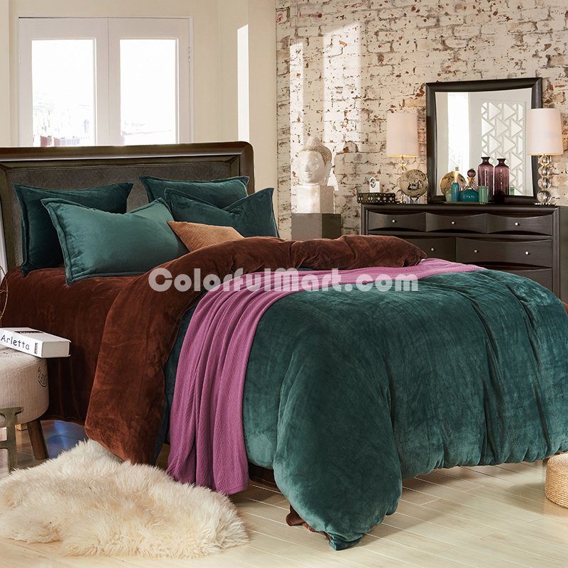 Dark Green And Coffee Flannel Bedding Winter Bedding - Click Image to Close