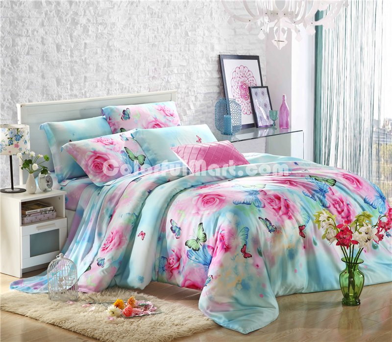 Butterfly Lovers Blue Bedding Set Girls Bedding Floral Bedding Duvet Cover Pillow Sham Flat Sheet Gift Idea - Click Image to Close