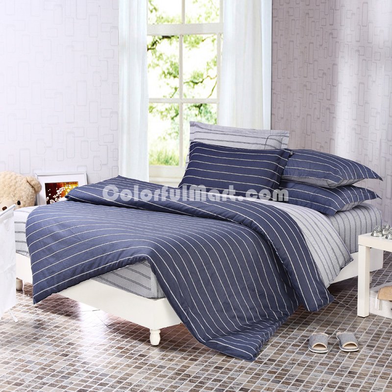 Lines Blue 100% Cotton 4 Pieces Bedding Set Duvet Cover Pillow Shams Fitted Sheet - Click Image to Close