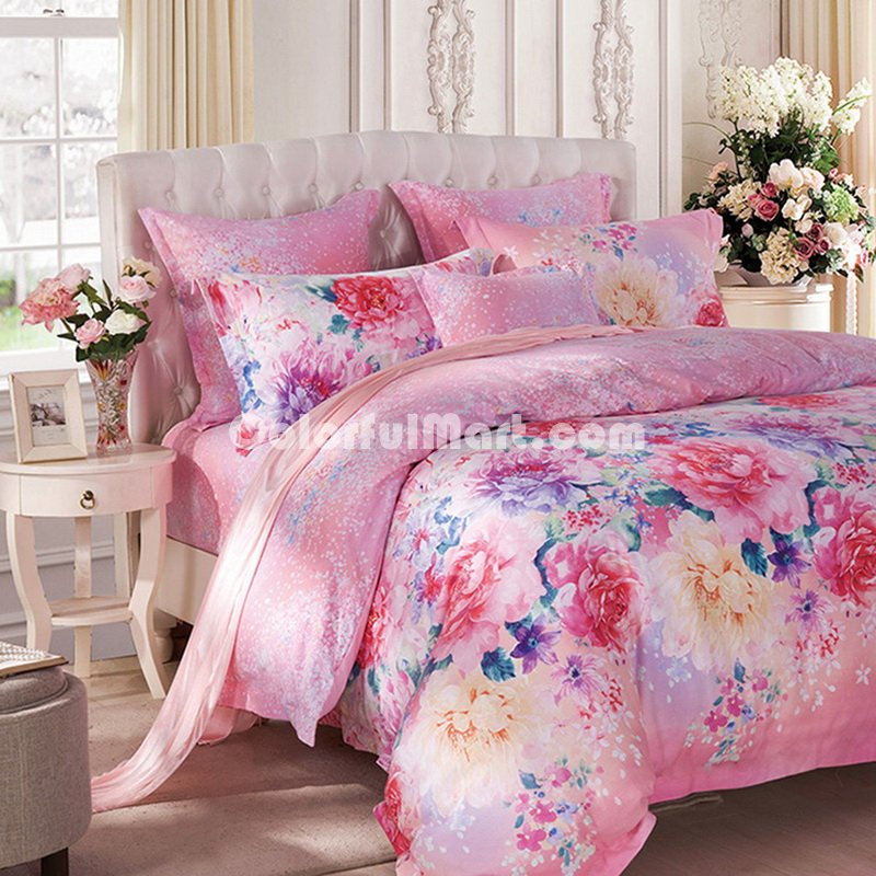 Blooming Flowers Pink Bedding Set Modern Bedding Collection Floral Bedding Stripe And Plaid Bedding Christmas Gift Idea - Click Image to Close
