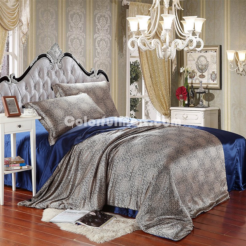 Blooming Flowers And Full Moon Navy Blue Silk Duvet Cover Set Silk Bedding - Click Image to Close