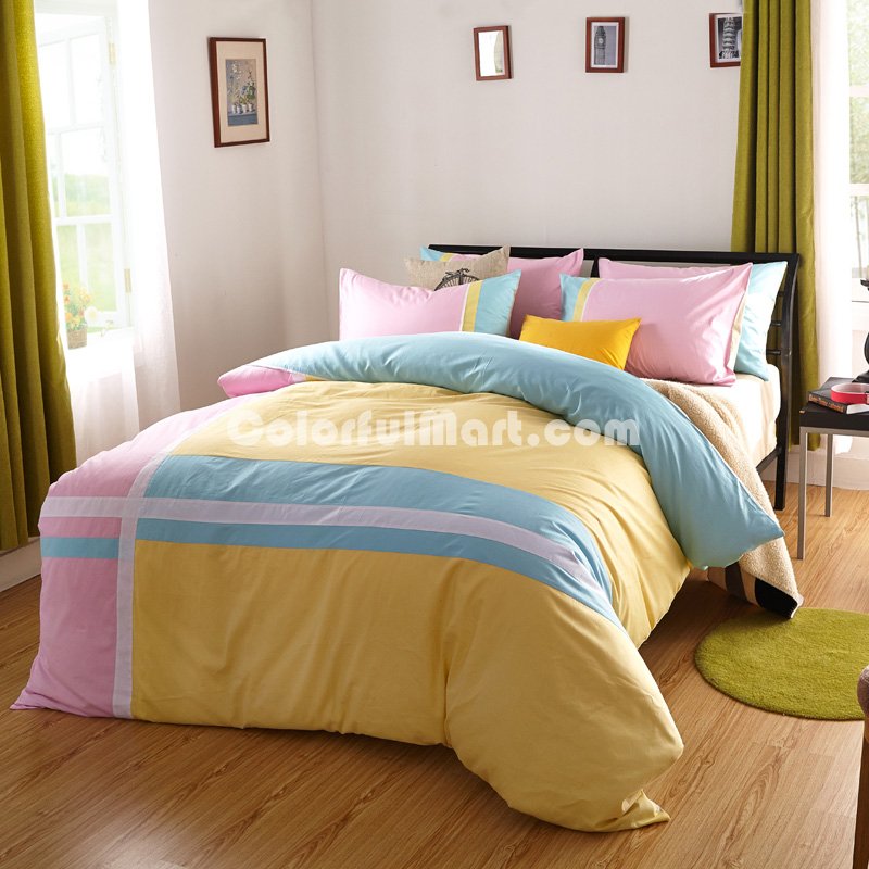Attractive Yellow 100% Cotton Luxury Bedding Set Stripes Plaids Bedding Duvet Cover Pillowcases Fitted Sheet - Click Image to Close