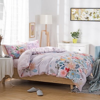 Flowers Blooming Pink 100% Cotton 4 Pieces Bedding Set Duvet Cover Pillow Shams Fitted Sheet