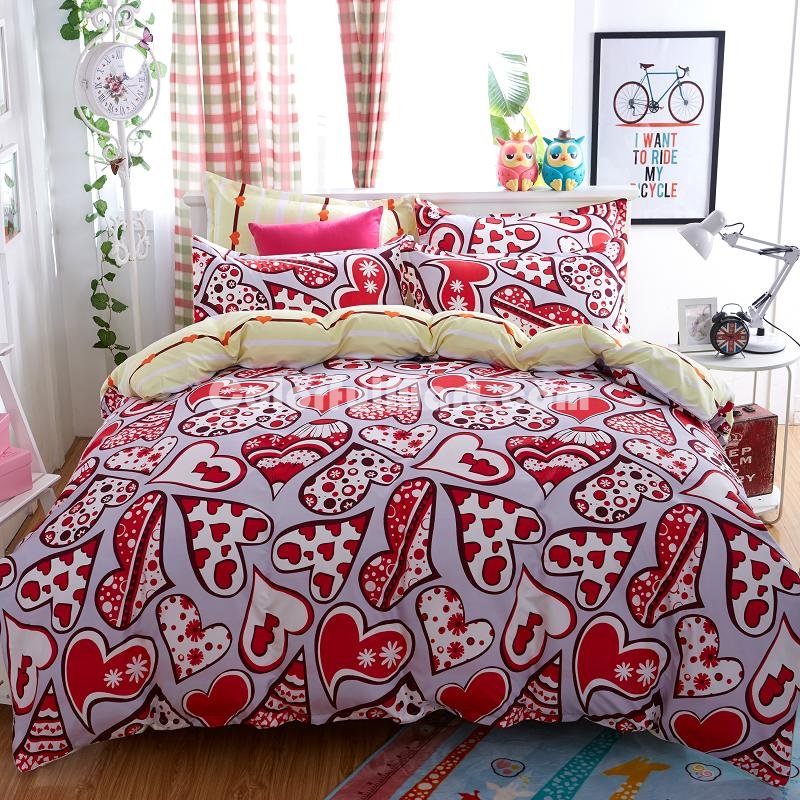 Hearts Red Bedding Set Duvet Cover Pillow Sham Flat Sheet Teen Kids Boys Girls Bedding - Click Image to Close