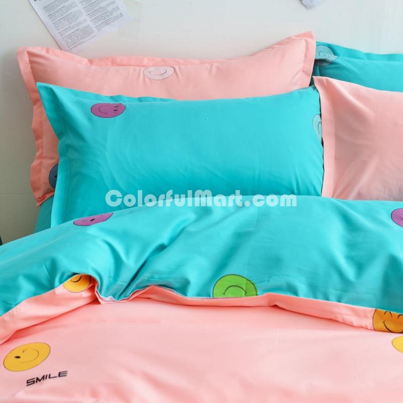 Smiling Face Pink Bedding Set Duvet Cover Pillow Sham Flat Sheet Teen Kids Boys Girls Bedding - Click Image to Close