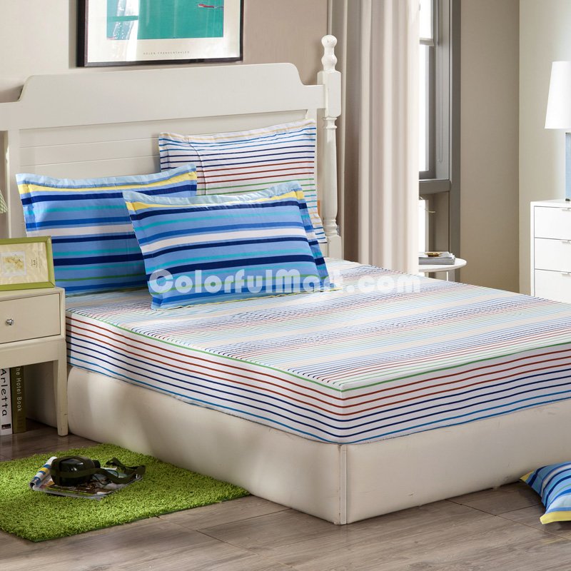 Colorful Stripes Blue 100% Cotton 4 Pieces Bedding Set Duvet Cover Pillow Shams Fitted Sheet - Click Image to Close