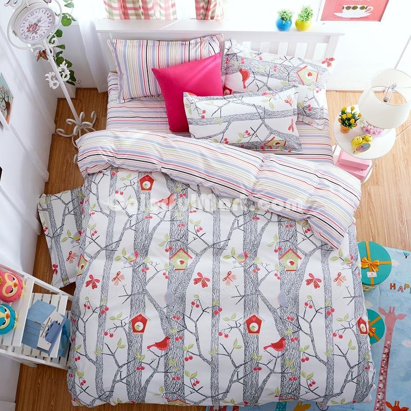 Singing Bird Grey Bedding Set Duvet Cover Pillow Sham Flat Sheet Teen Kids Boys Girls Bedding - Click Image to Close