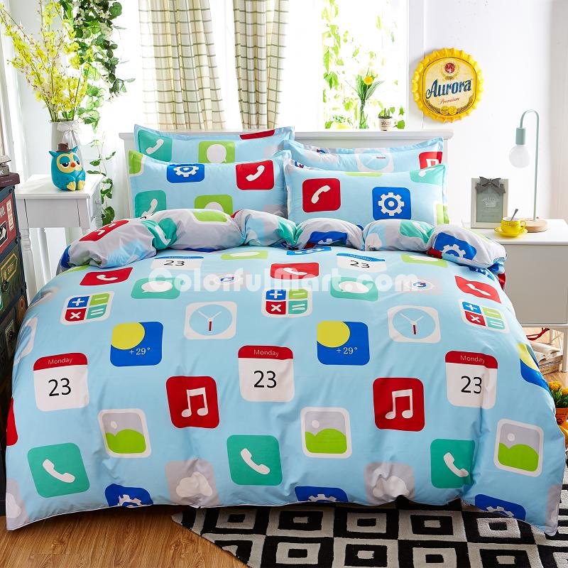 App Blue Bedding Set Duvet Cover Pillow Sham Flat Sheet Teen Kids Boys Girls Bedding - Click Image to Close