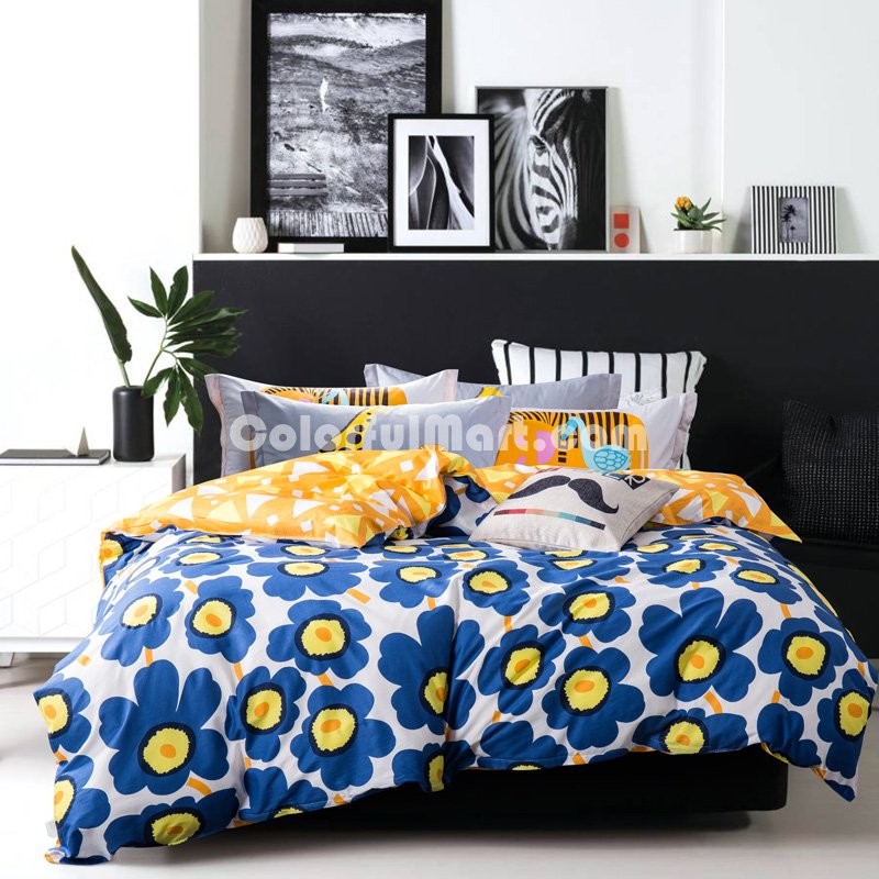 Sunflower Blue 100% Cotton 4 Pieces Bedding Set Duvet Cover Pillow Shams Fitted Sheet - Click Image to Close
