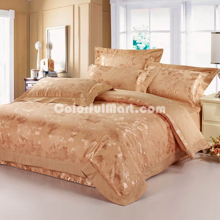 Flowers Champagne 4 PCs Luxury Bedding Sets - Click Image to Close