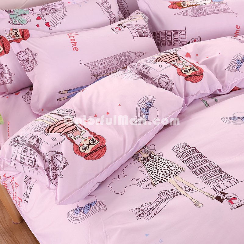 Travel Pink Bedding Set Duvet Cover Pillow Sham Flat Sheet Teen Kids Boys Girls Bedding - Click Image to Close