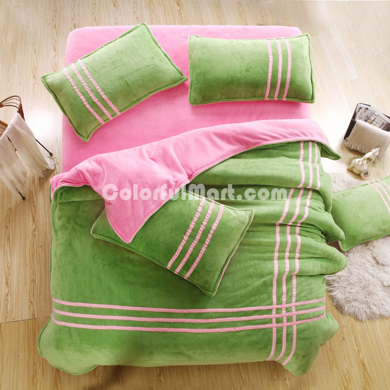 Green Pink Coral Fleece Bedding Teen Bedding - Click Image to Close