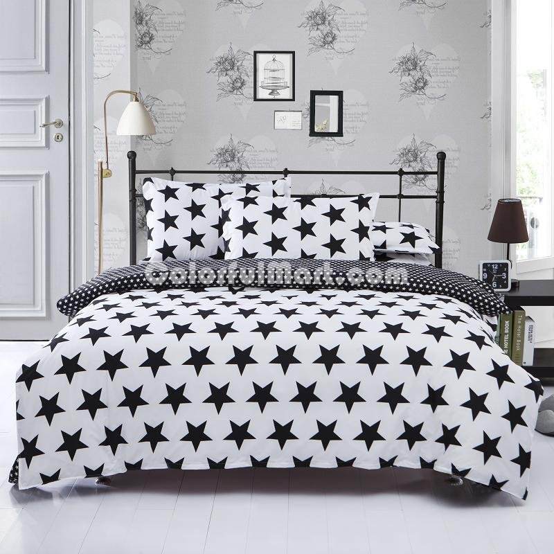 Stars Black White Bedding Set Duvet Cover Pillow Sham Flat Sheet Teen Kids Boys Girls Bedding - Click Image to Close