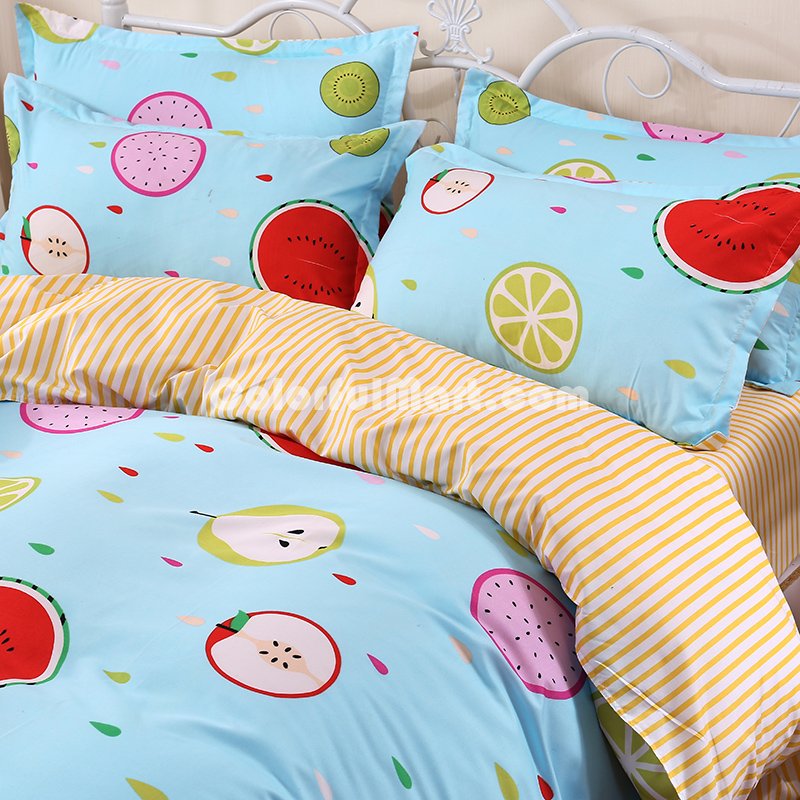 Fruits Blue Bedding Set Duvet Cover Pillow Sham Flat Sheet Teen Kids Boys Girls Bedding - Click Image to Close