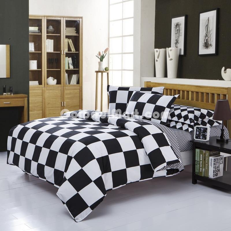 Gingham White Black Bedding Set Duvet Cover Pillow Sham Flat Sheet Teen Kids Boys Girls Bedding - Click Image to Close