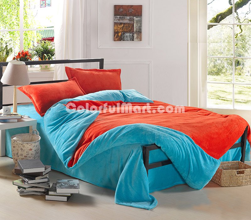 Orange And Light Blue Coral Fleece Bedding Teen Bedding - Click Image to Close