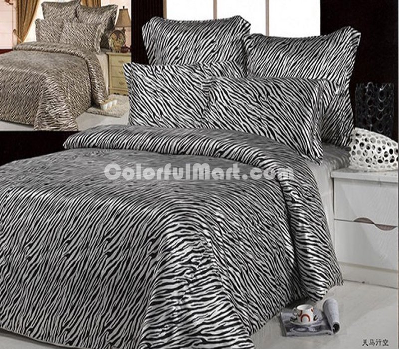 Silk Black Brown Red Zebra Print Bedding Set - Click Image to Close