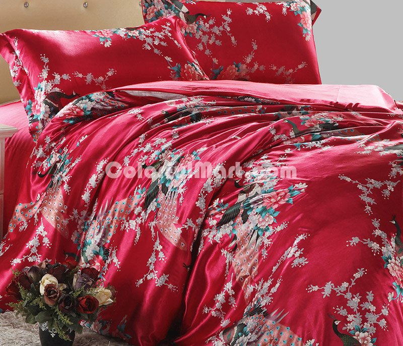 The Peacock In The Flowers Red Silk Duvet Cover Set Silk Bedding - Click Image to Close