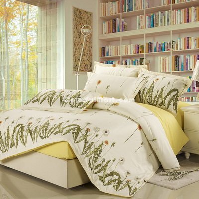 Dandelions Beige 100% Cotton 4 Pieces Bedding Set Duvet Cover Pillow Shams Fitted Sheet
