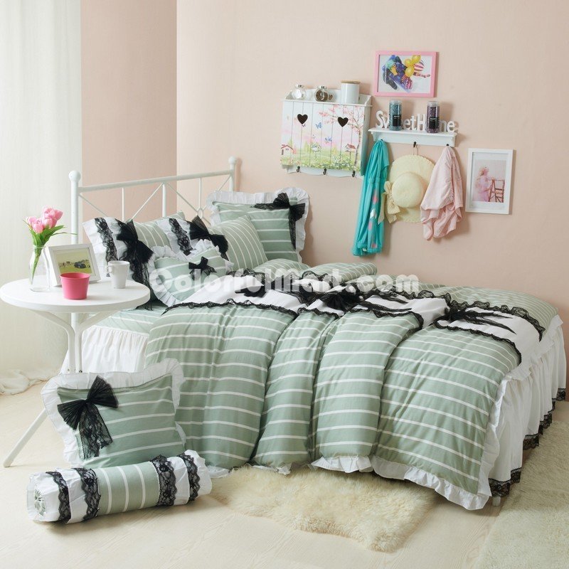 Black Temptation Stripes Green Princess Bedding Girls Bedding Duvet Cover Set - Click Image to Close