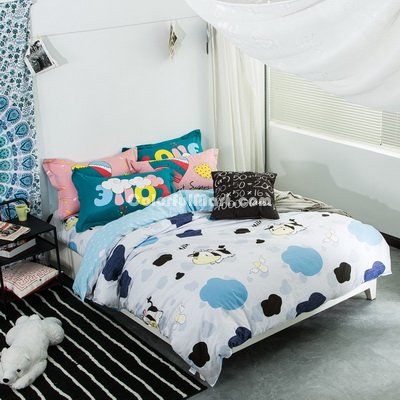 Mr Milk Cow Blue 100% Cotton 4 Pieces Bedding Set Duvet Cover Pillowcases Fitted Sheet