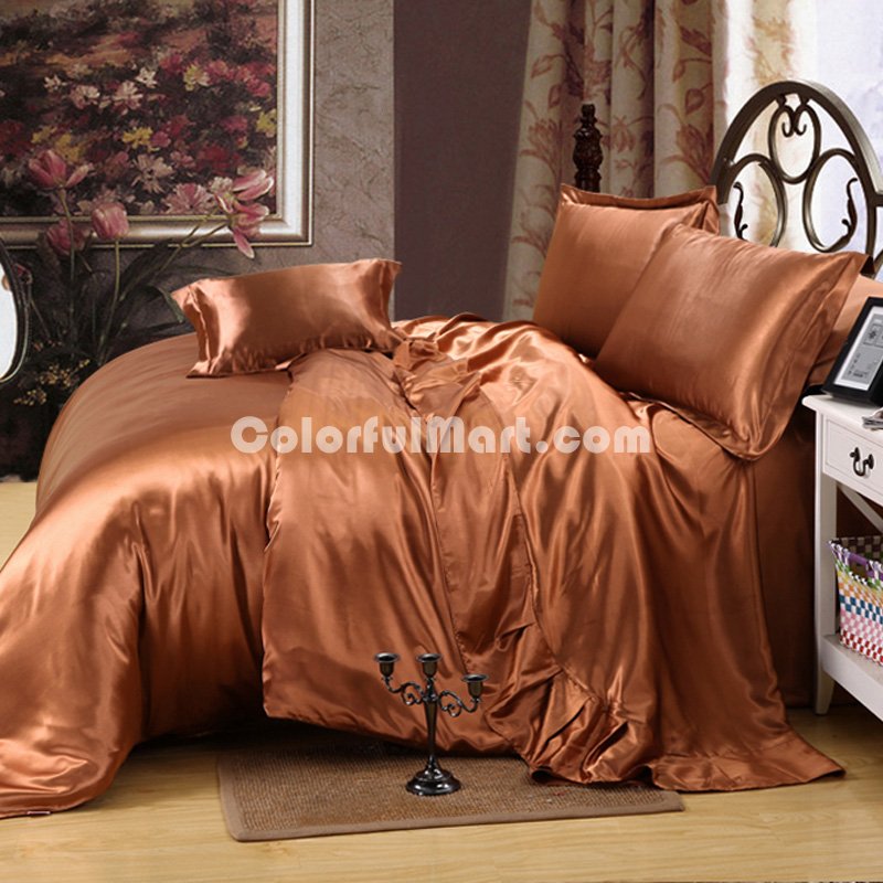 Coffee Silk Bedding Set Duvet Cover Silk Pillowcase Silk Sheet Luxury Bedding - Click Image to Close