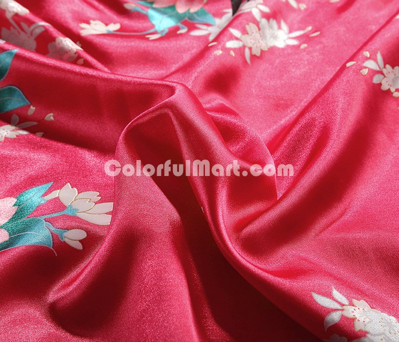 The Peacock In The Flowers Red Silk Duvet Cover Set Silk Bedding - Click Image to Close