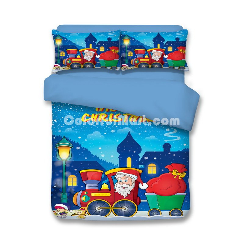 Christmas Small Train Blue Bedding Duvet Cover Set Duvet Cover Pillow Sham Kids Bedding Gift Idea - Click Image to Close