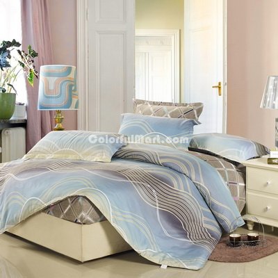 Ripples And Rhombuses Blue 100% Cotton 4 Pieces Bedding Set Duvet Cover Pillow Shams Fitted Sheet