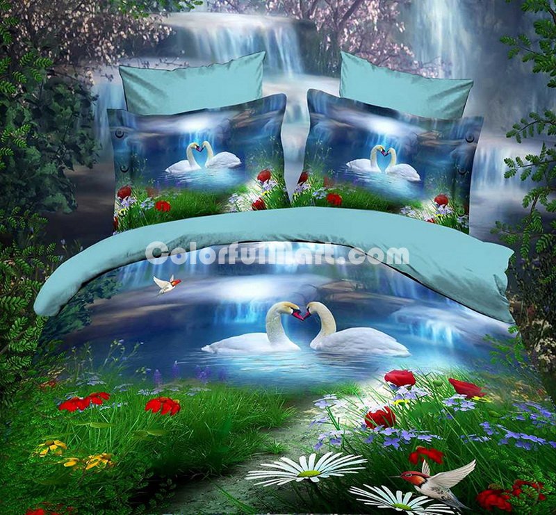 Swans Blue Bedding 3D Duvet Cover Set - Click Image to Close