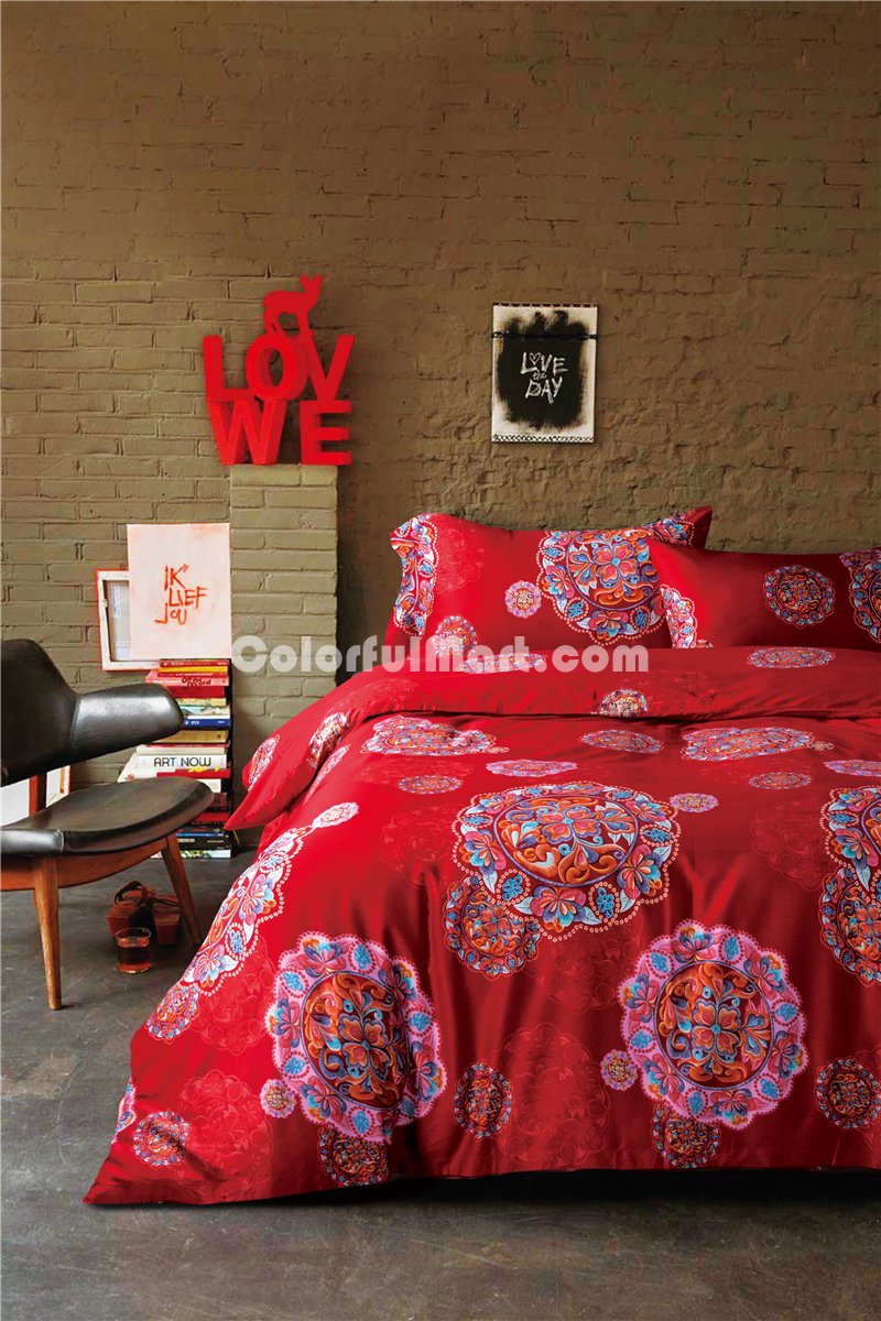 Mona Red Bedding Set Luxury Bedding Collection Satin Egyptian Cotton Duvet Cover Set - Click Image to Close